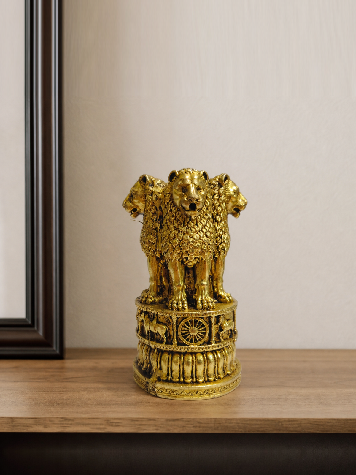 Ashoka Lion Capital Brass Sculpture — realistic live placement