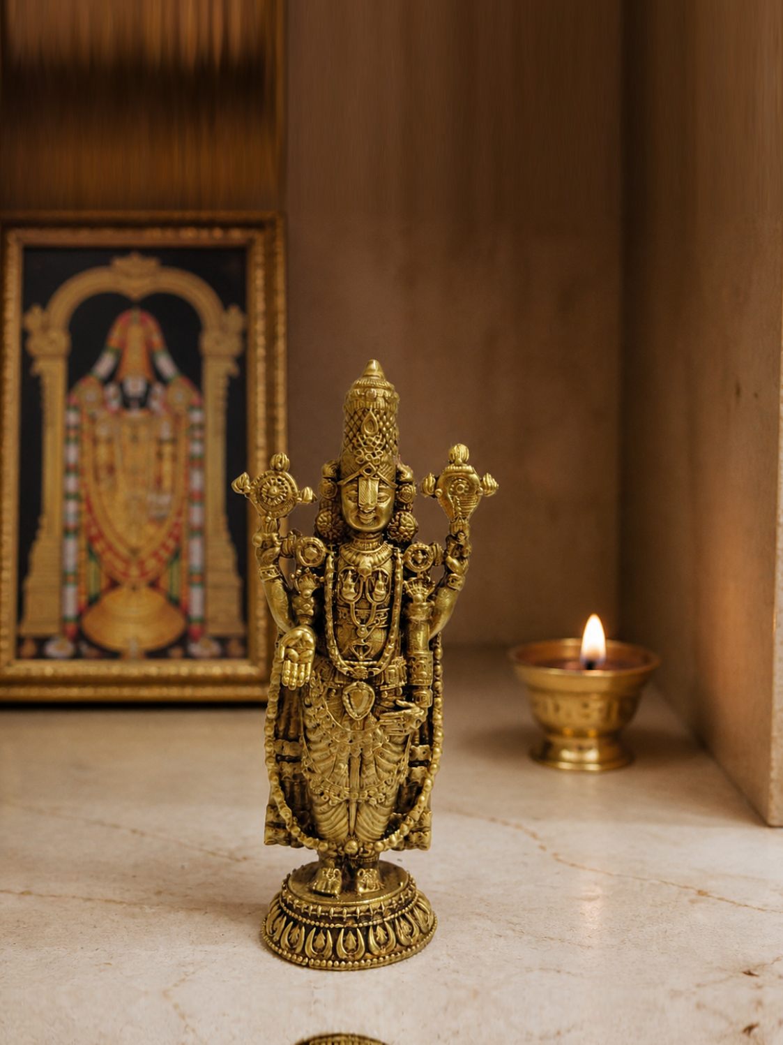 Standing Venkateswara Brass Idol — realistic live placement