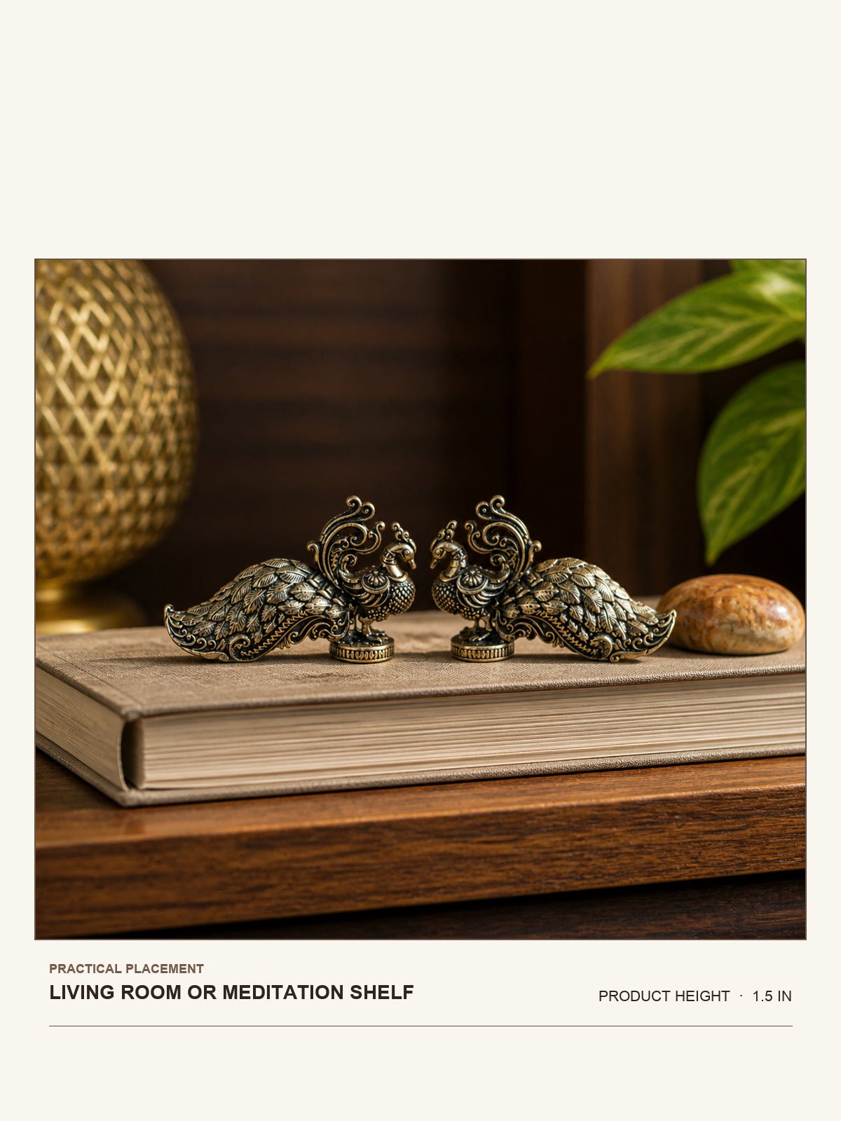 Decorative Brass Peacock Pair shown at its 1.5-inch height on a living-room or meditation shelf
