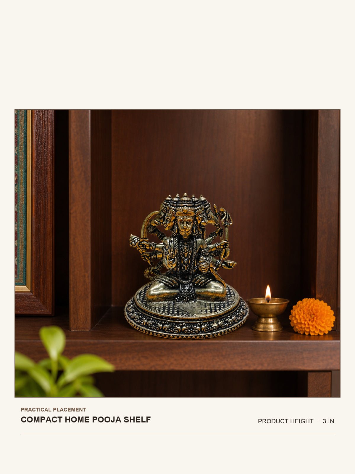 Panchmukhi Hanuman Brass Idol shown at its 3-inch height on a compact home pooja shelf