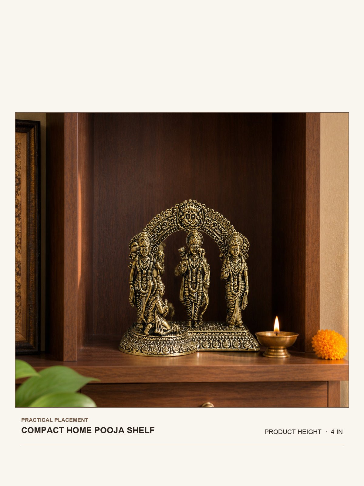 Ram Darbar Brass Idol shown at its 4-inch height on a compact home pooja shelf