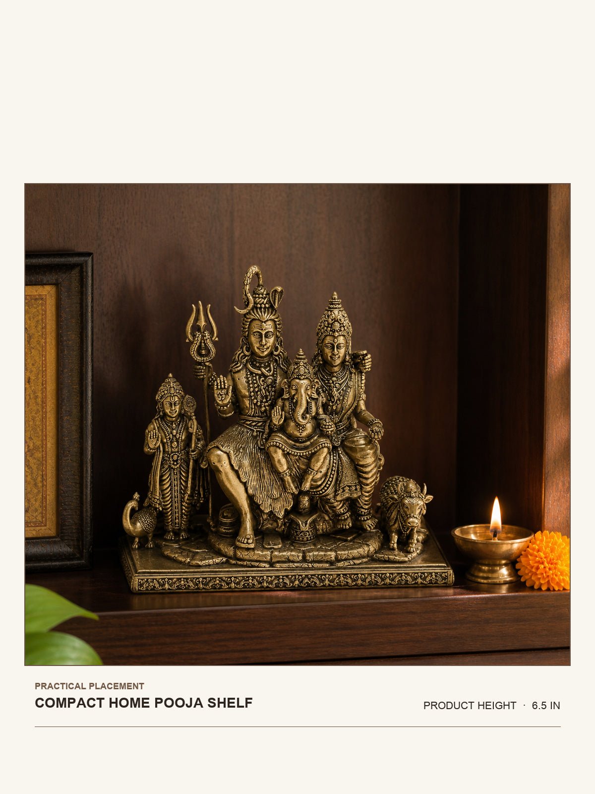 Shiva Parivar Brass Idol shown at its 6.5-inch height on a compact home pooja shelf