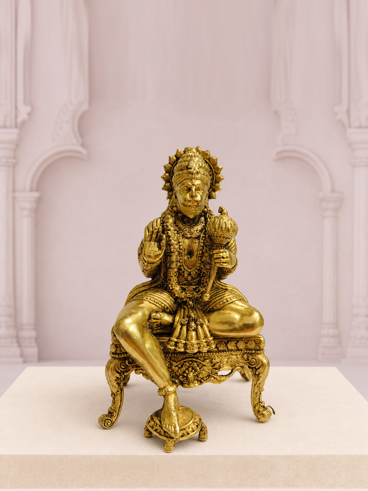 Hanuman on Ornate Throne Brass Idol — premium product hero