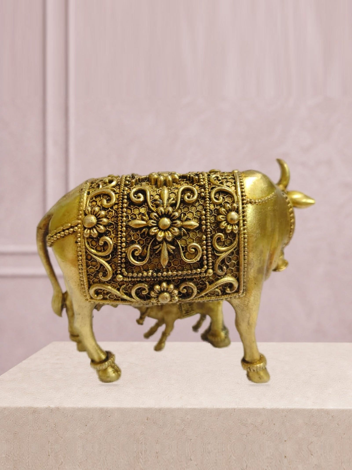 Kamdhenu Cow and Calf Brass Idol — finished side/alternate view