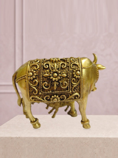 Kamdhenu Cow and Calf Brass Idol — finished side/alternate view