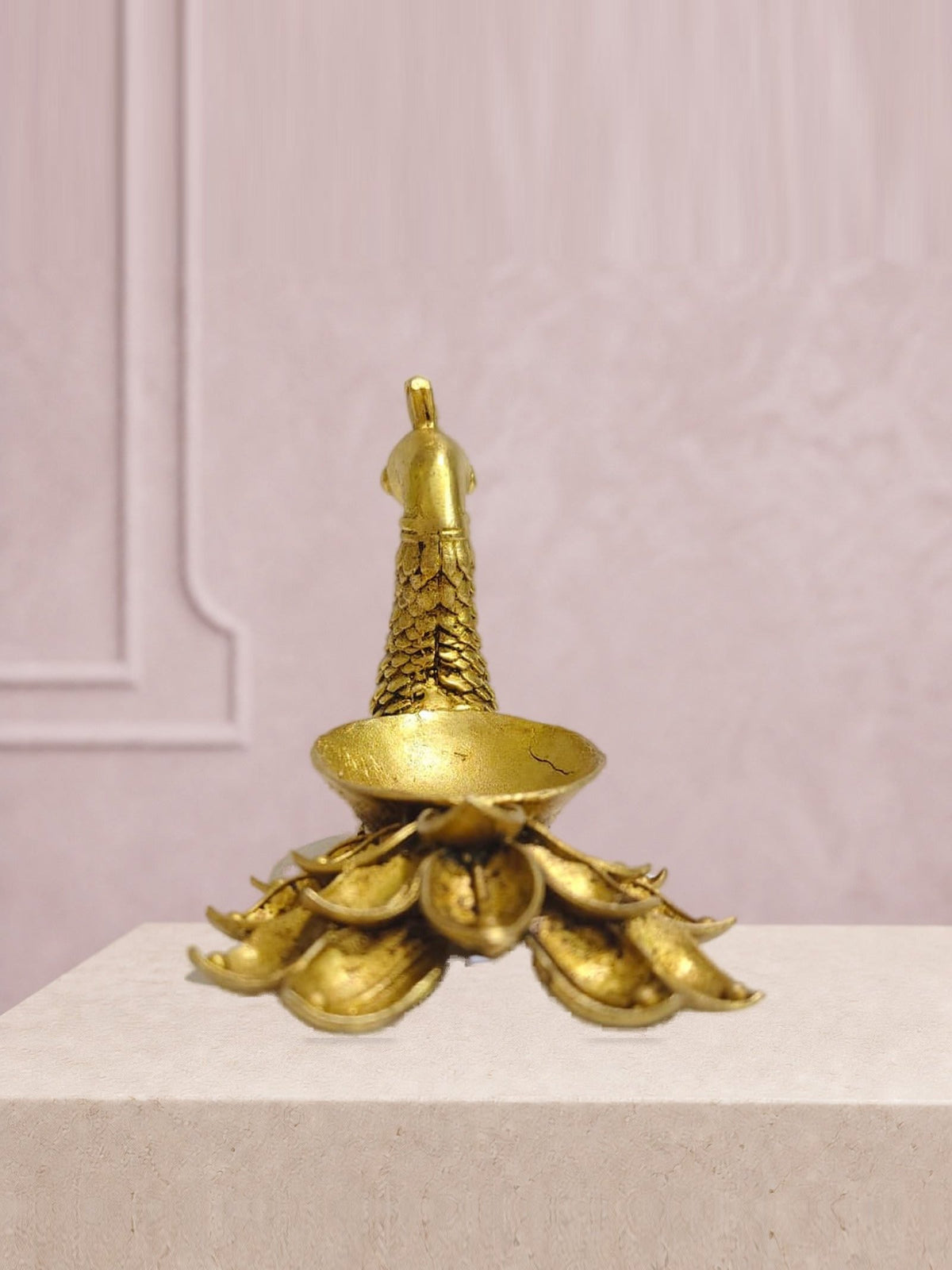 Peacock Lotus Tail Brass Diya — finished side/alternate view