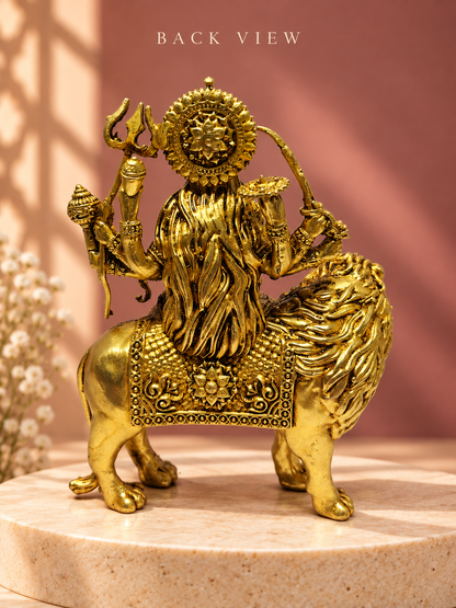 Polished Brass Maa Durga Idol on Lion – 5.5 Inch — Back View