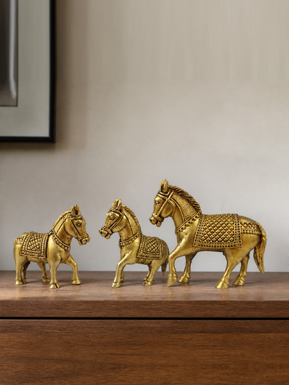 Three Brass Horse Statues Set — realistic live placement