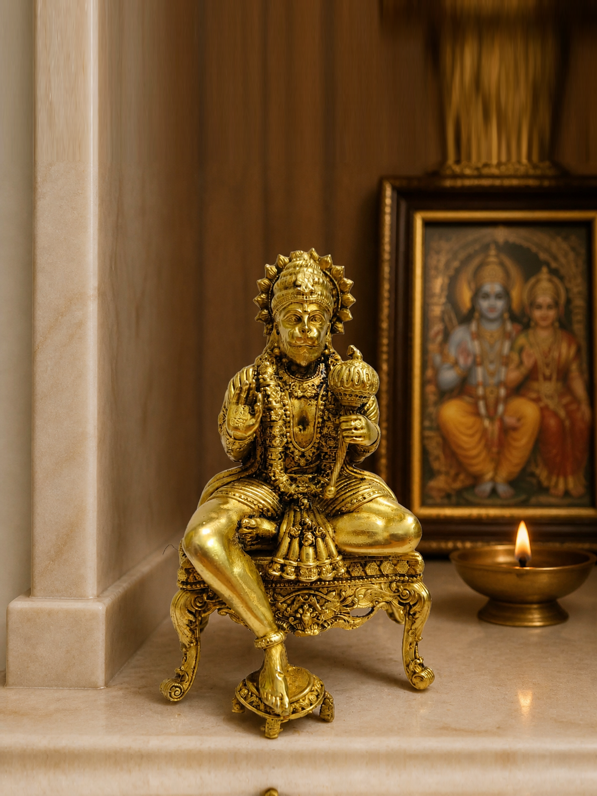 Hanuman on Ornate Throne Brass Idol — realistic live placement