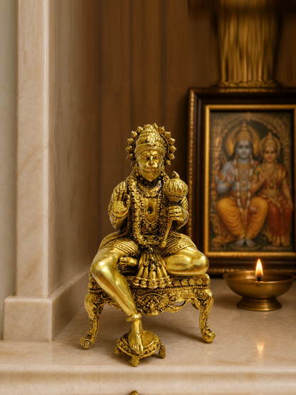 Hanuman on Ornate Throne Brass Idol — realistic live placement