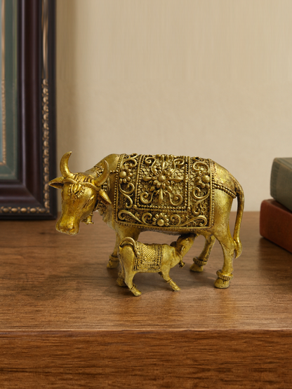 Kamdhenu Cow and Calf Brass Idol — realistic live placement