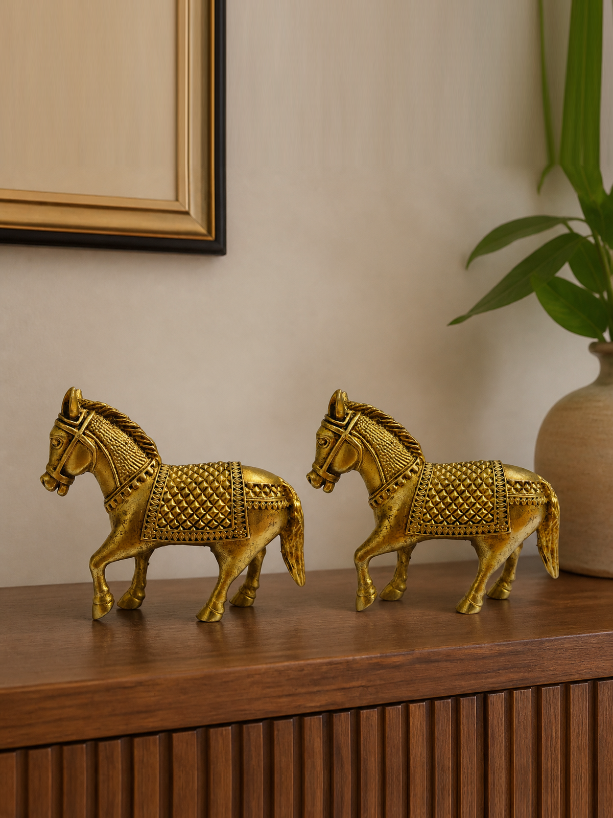 Large Brass Horse Pair — realistic live placement