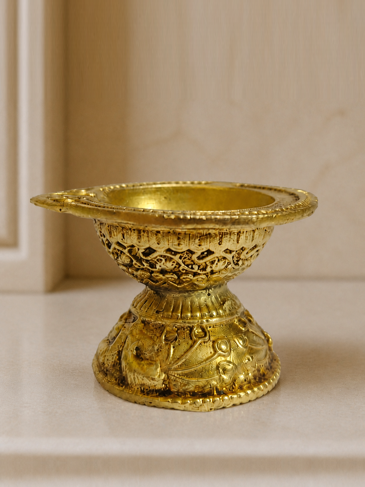 Mini Pedestal Brass Diya — realistic live placement
