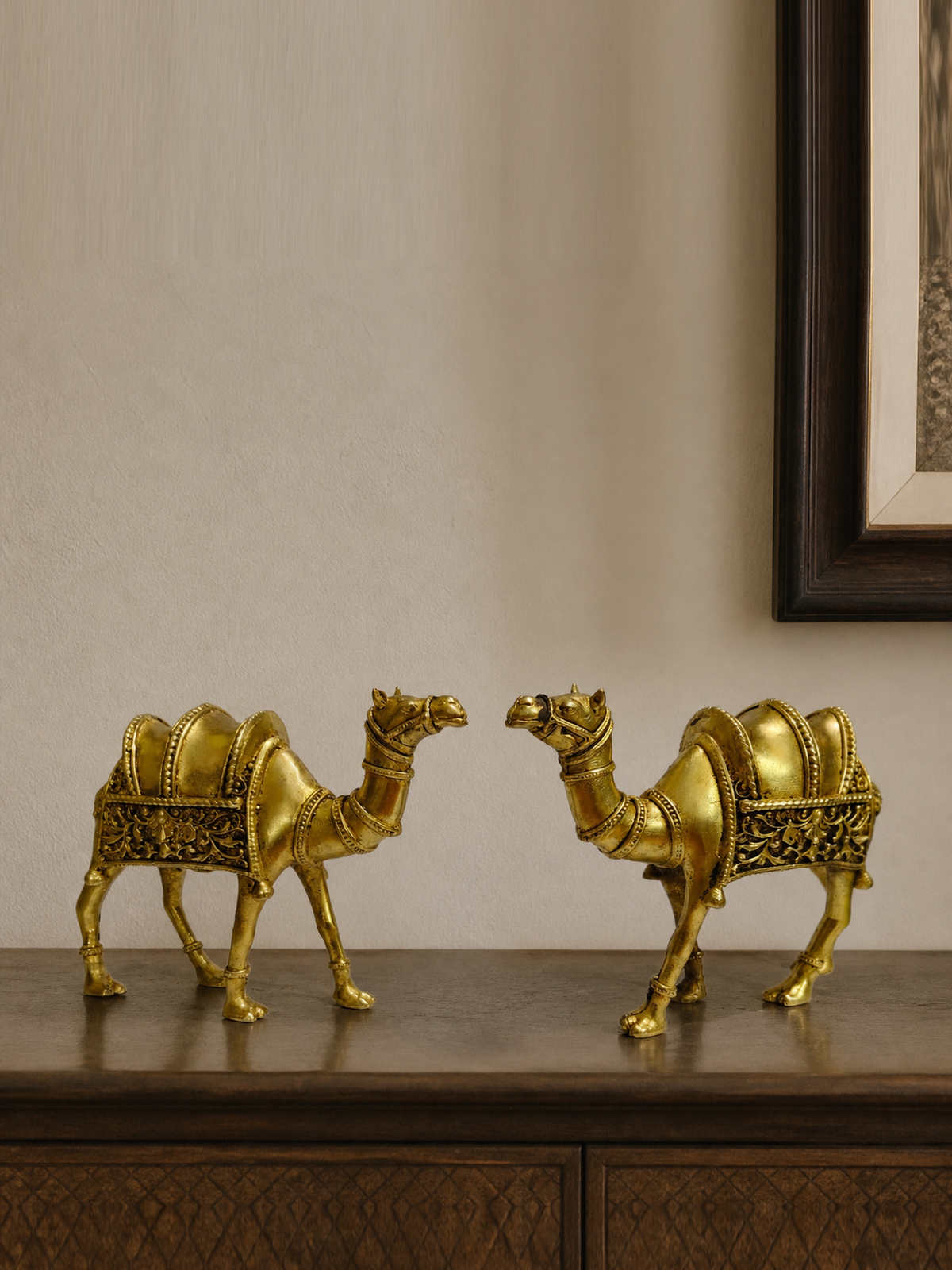 Ornate Brass Camel Pair — realistic live placement