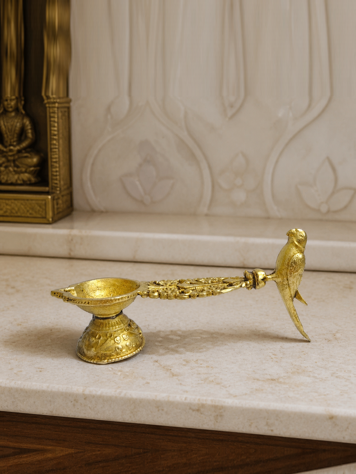 Peacock Handle Brass Diya — realistic live placement
