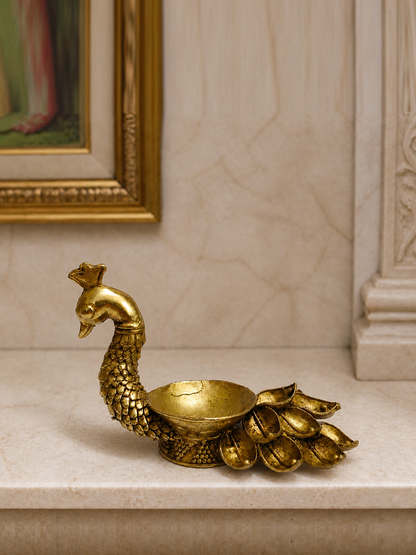 Peacock Lotus Tail Brass Diya — realistic live placement