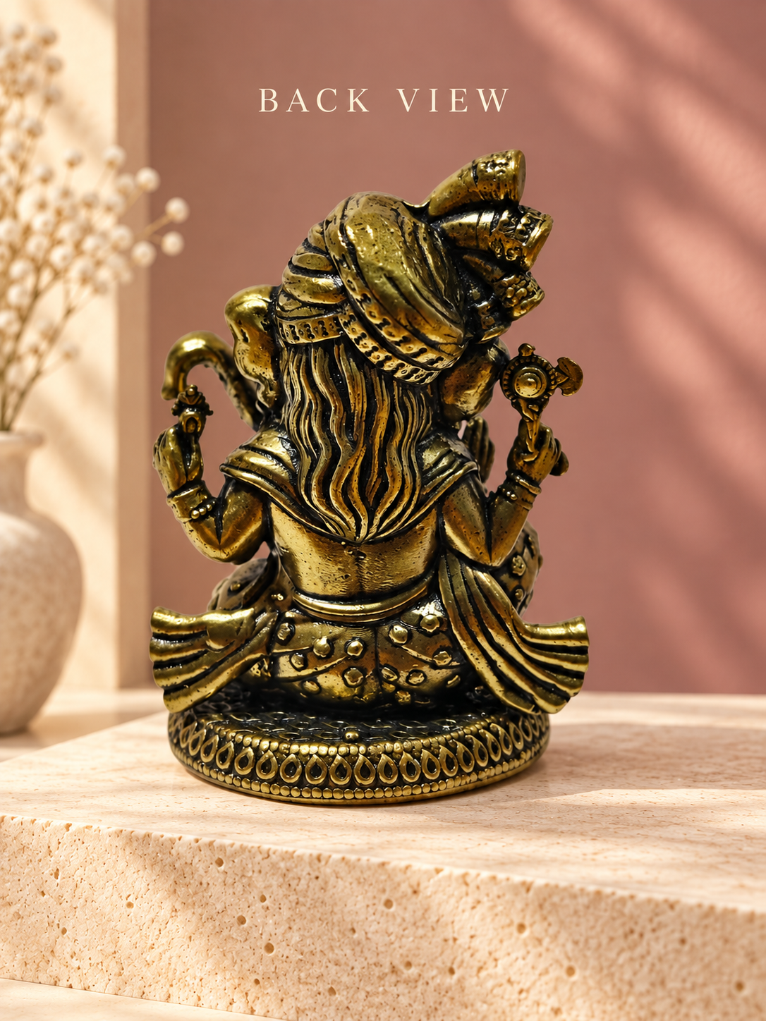 Turban Ganesha Brass Idol — Back View