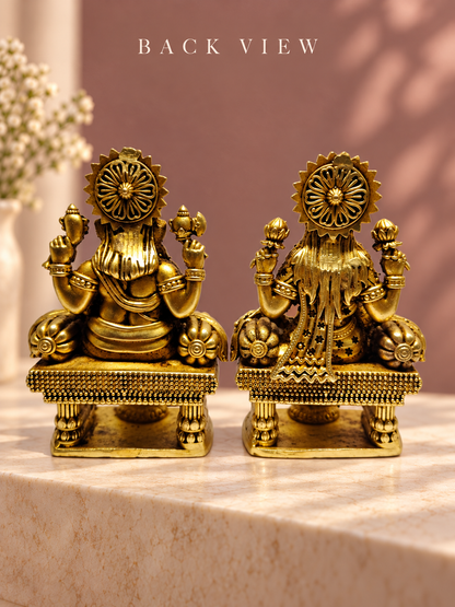 Polished Brass Lakshmi Ganesha Idol Pair on Thrones – 4 Inch — Back View