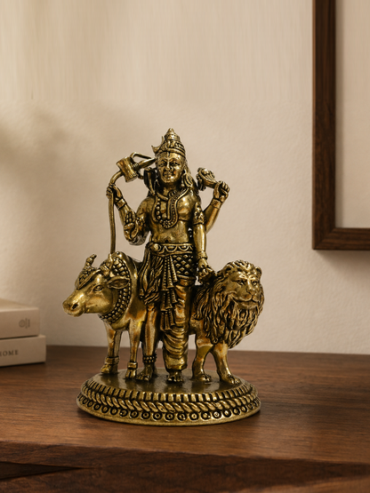 Antique Brass Ardhanarishvara Idol with Nandi & Lion – 4 Inch
