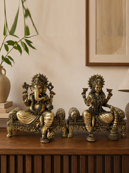 Lakshmi Ganesha Brass Idol Pair On Thrones