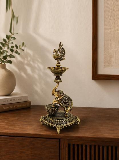 Elephant Brass Lamp With Peacock Finial