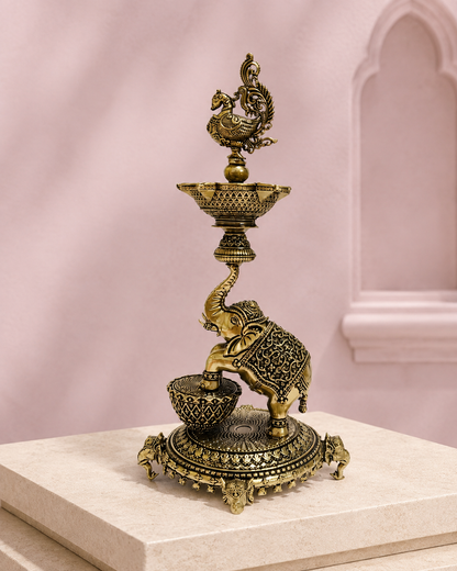 Elephant Brass Lamp With Peacock Finial – front product view