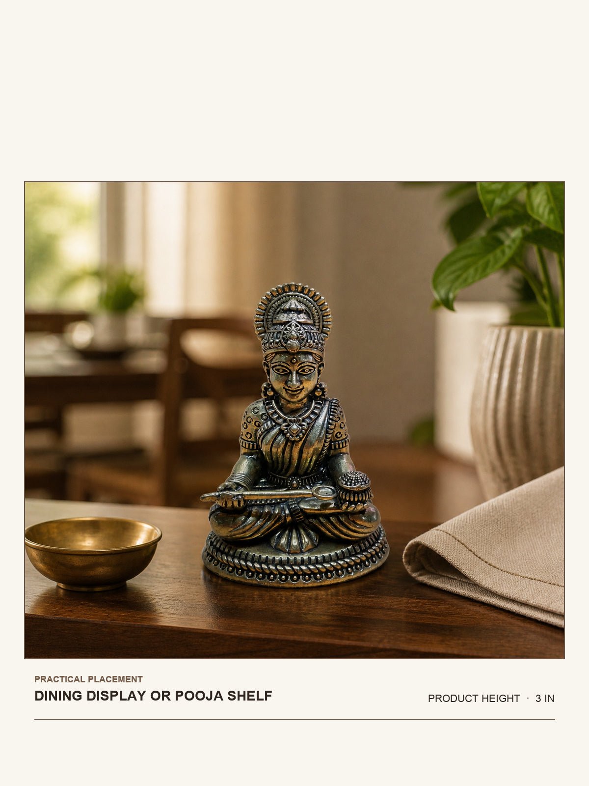 Goddess Annapurna Brass Idol shown at its 3-inch height on a dining display or pooja shelf