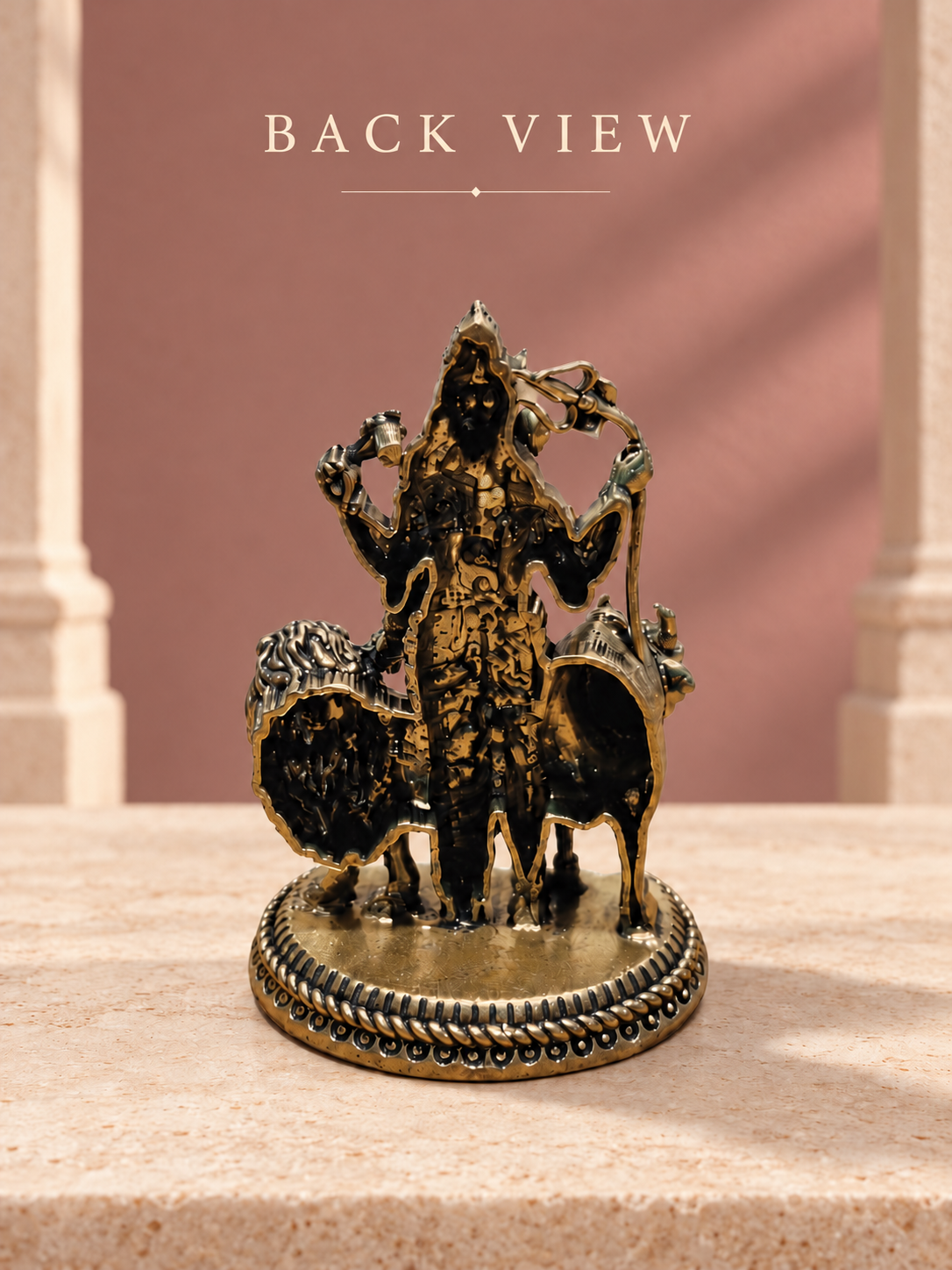 Antique Brass Ardhanarishvara Idol with Nandi & Lion – 4 Inch — Back View