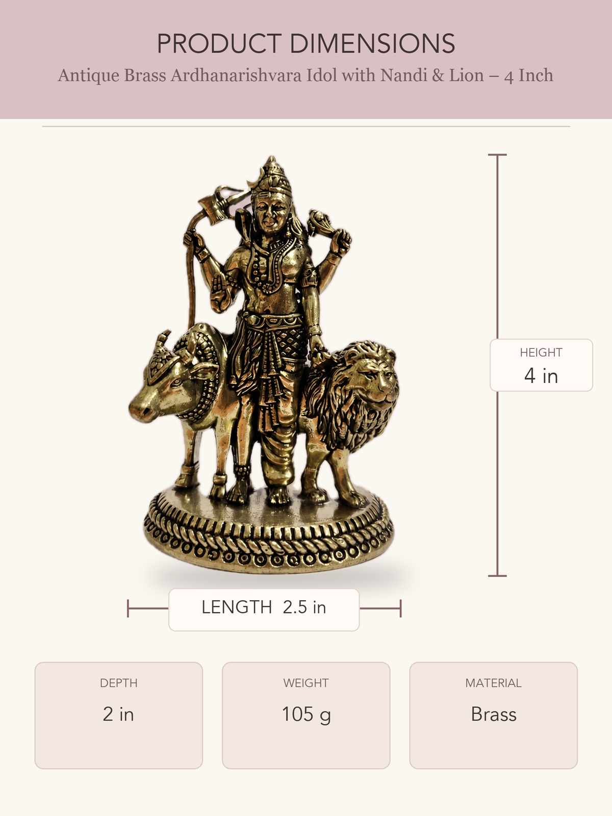 Antique Brass Ardhanarishvara Idol with Nandi & Lion – 4 Inch — clear product dimensions and specifications