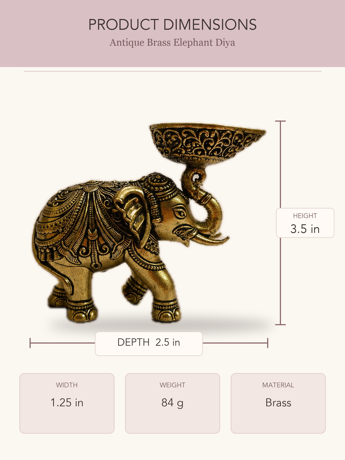 Antique Brass Elephant Diya — clear product dimensions and specifications