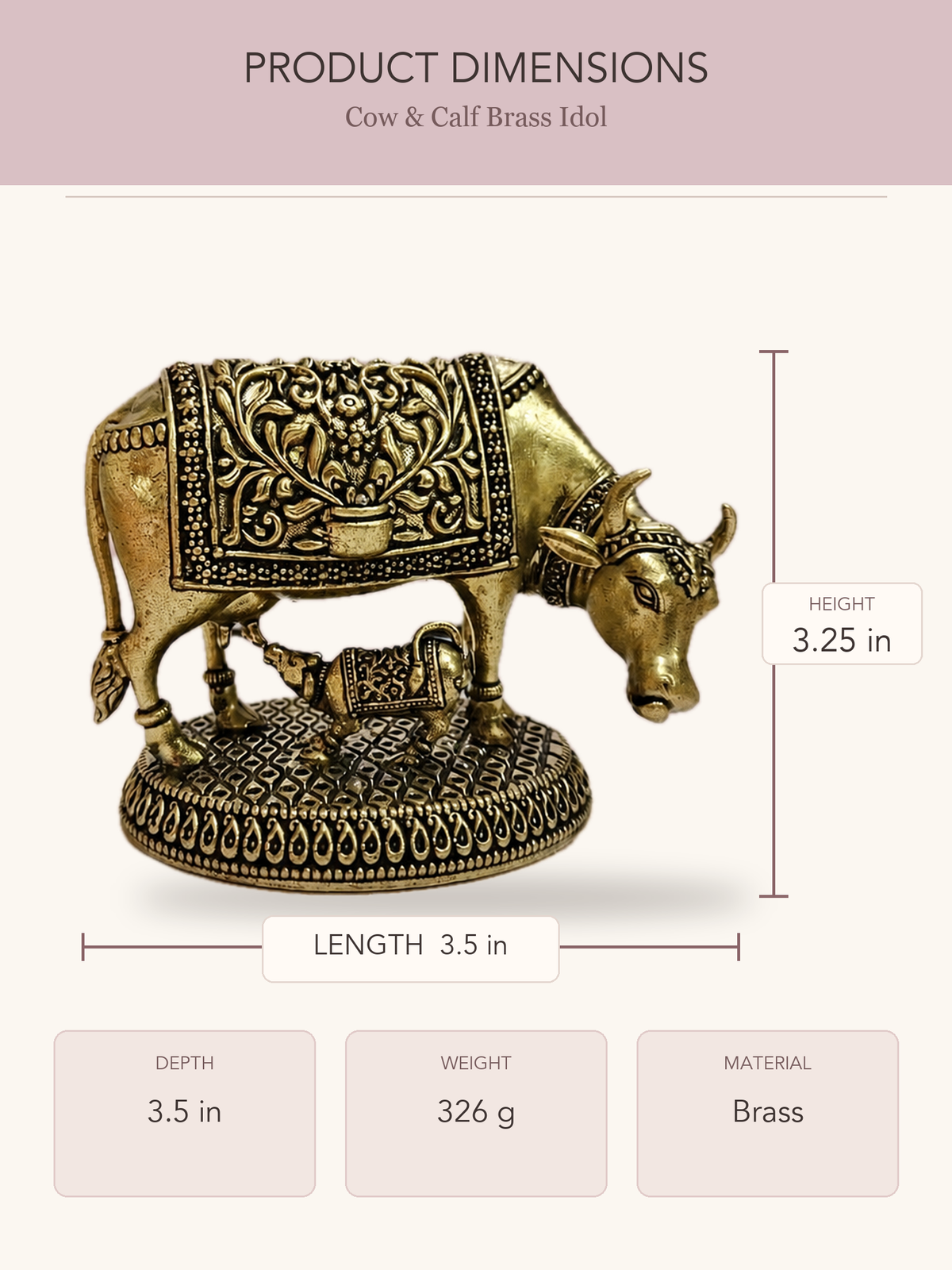 Cow & Calf Brass Idol — clear product dimensions and specifications