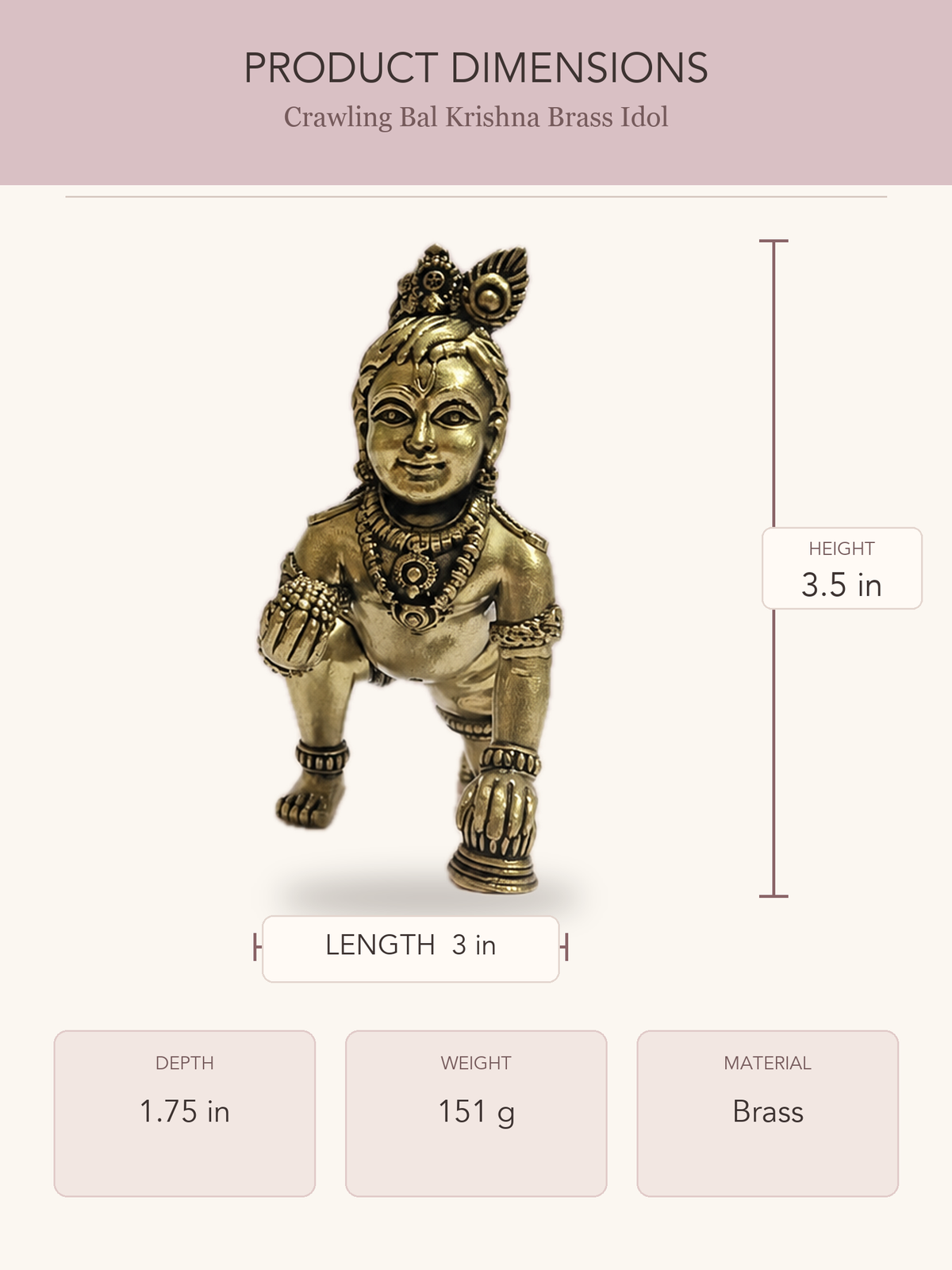 Crawling Bal Krishna Brass Idol — clear product dimensions and specifications