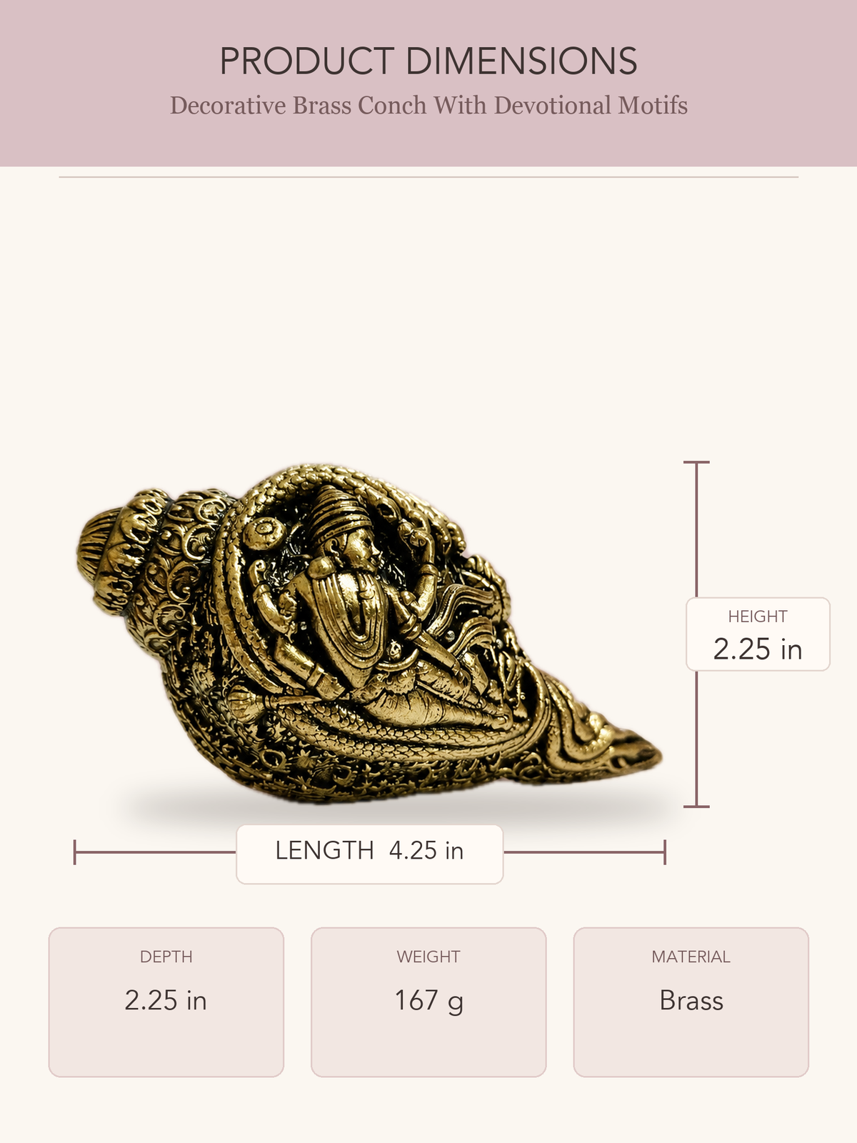 Decorative Brass Conch With Devotional Motifs — clear product dimensions and specifications