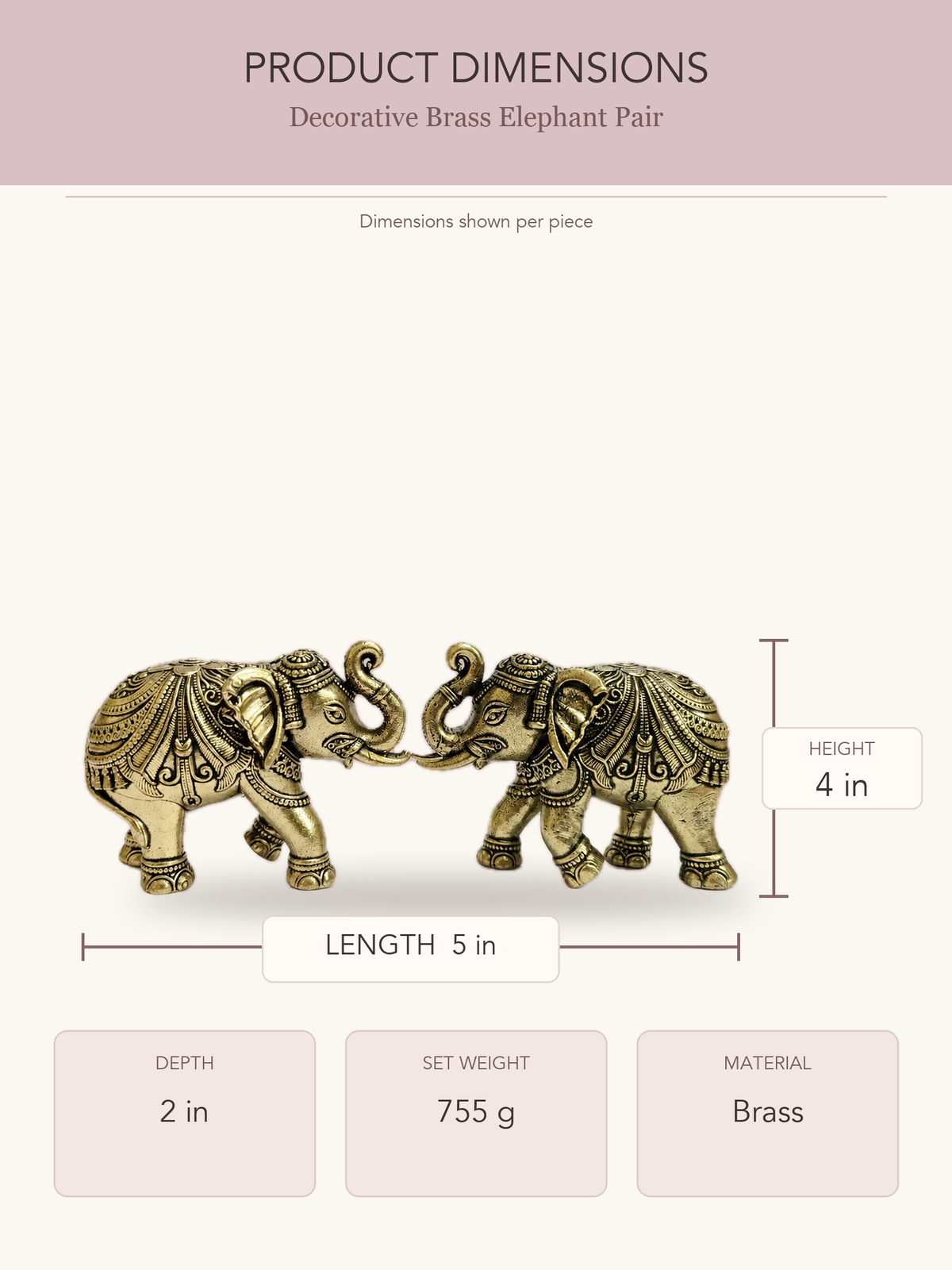 Decorative Brass Elephant Pair — clear product dimensions and specifications