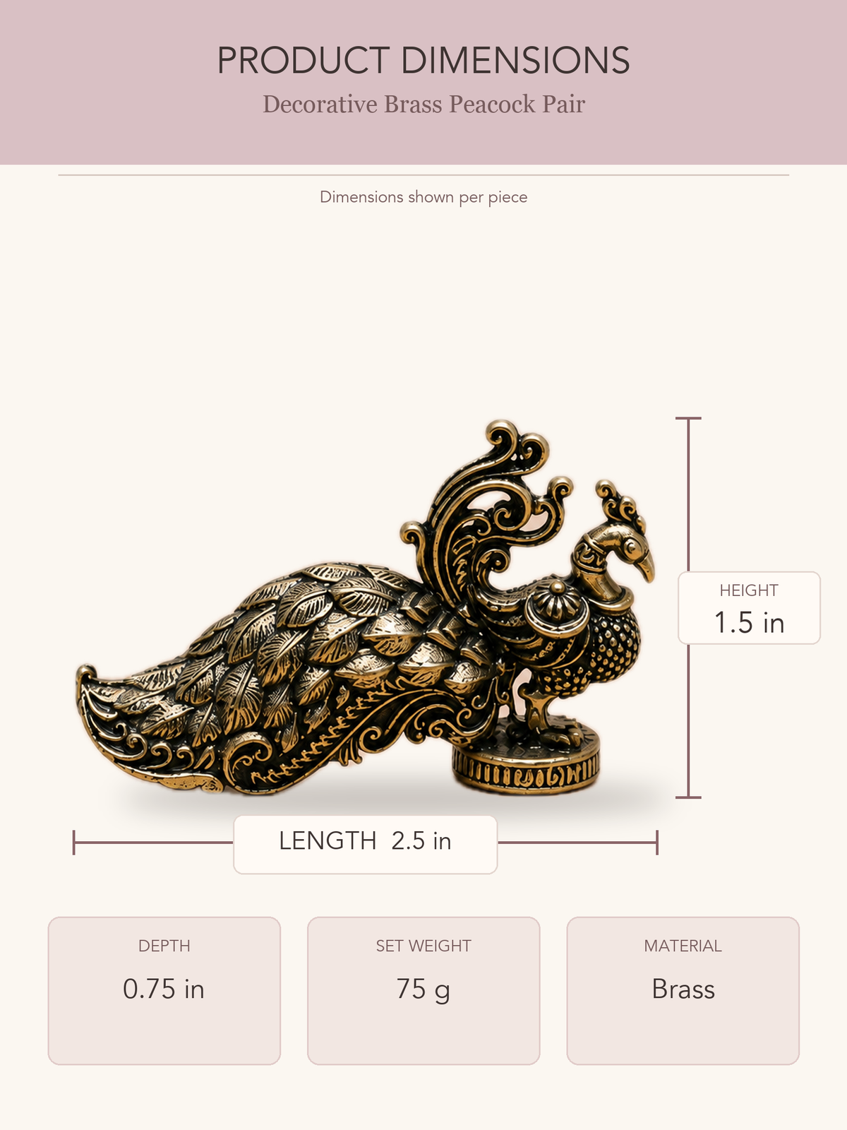 Decorative Brass Peacock Pair — clear product dimensions and specifications