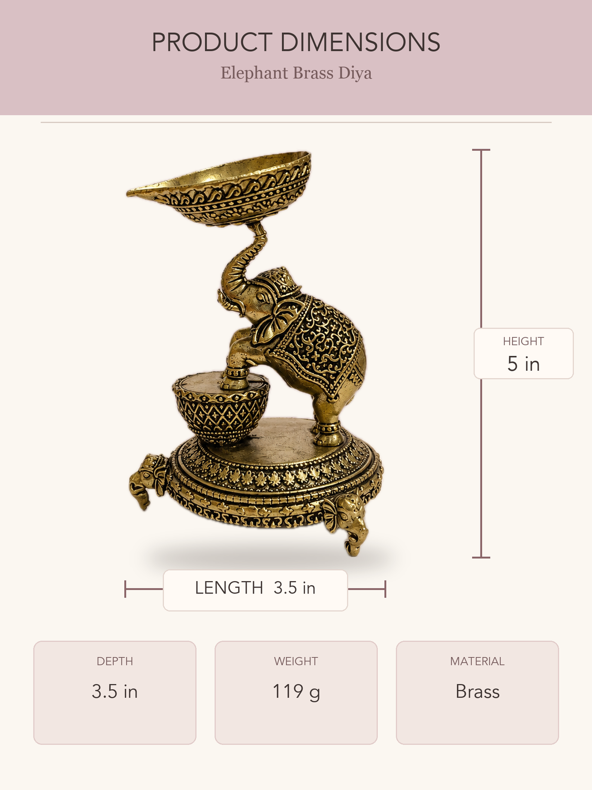 Elephant Brass Diya — clear product dimensions and specifications
