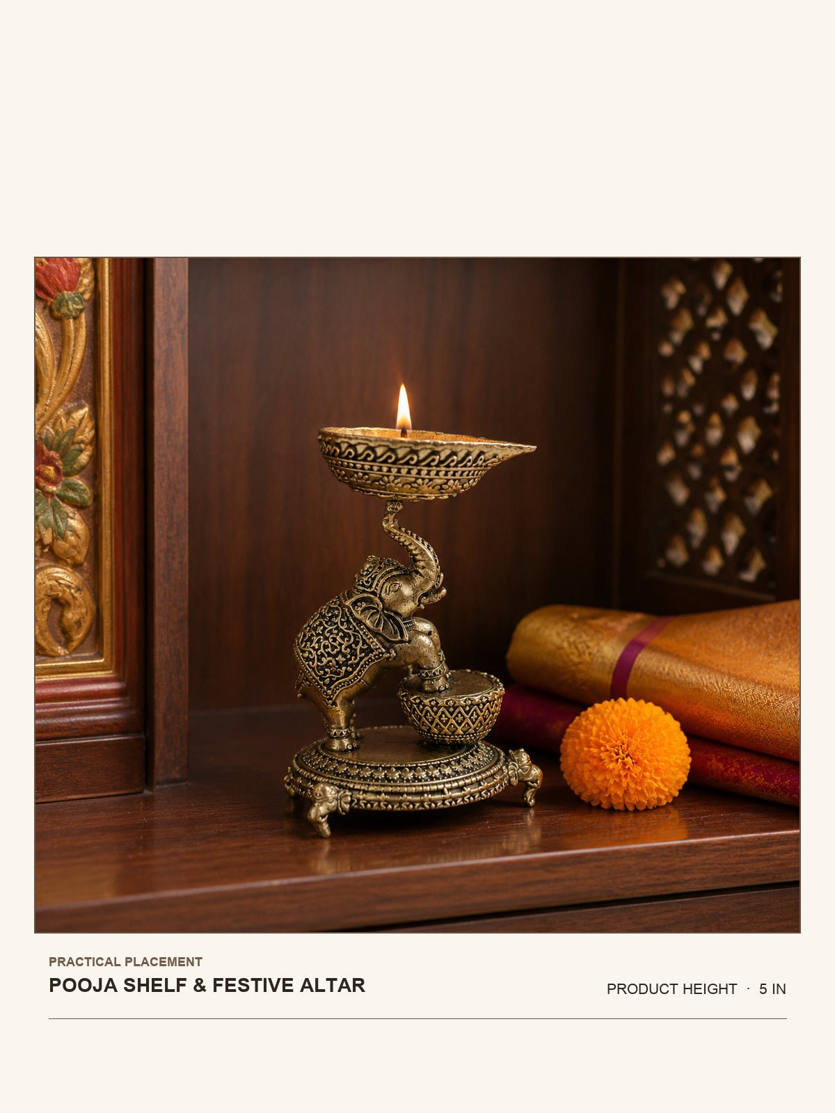 Elephant Brass Diya shown at its 5-inch height on a pooja shelf or festive altar
