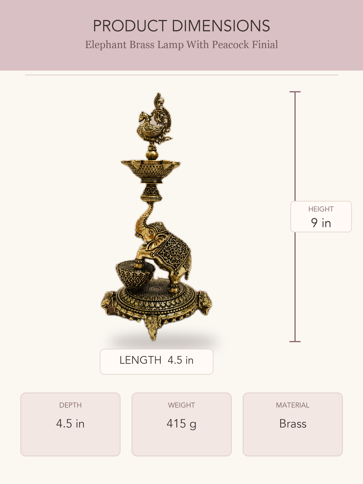 Elephant Brass Lamp With Peacock Finial — clear product dimensions and specifications