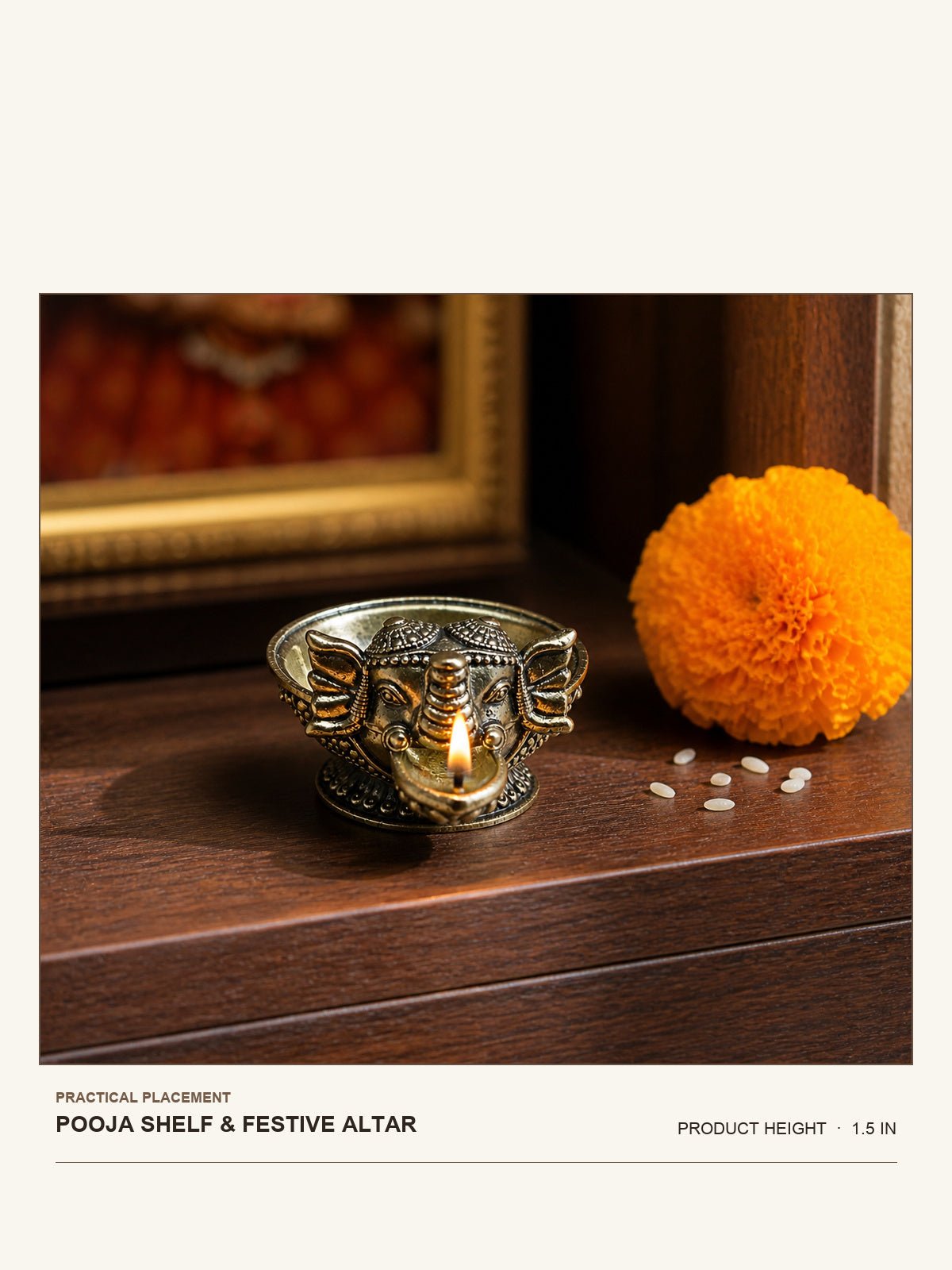 Ganesha Brass Diya Bowl shown at its 1.5-inch height on a pooja shelf or festive altar