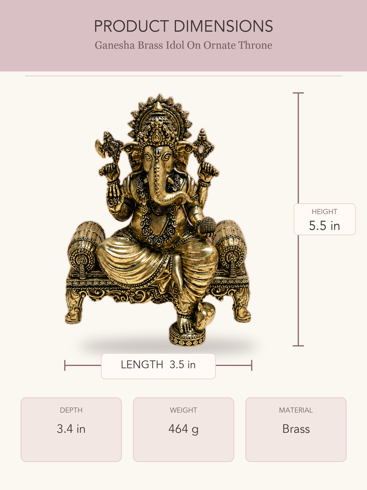Ganesha Brass Idol On Ornate Throne — clear product dimensions and specifications