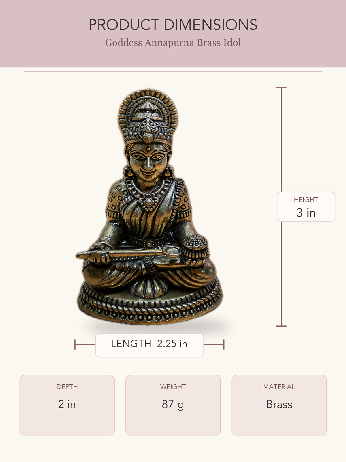 Goddess Annapurna Brass Idol — clear product dimensions and specifications