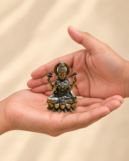 Illustrative scale view of Goddess Lakshmi Brass Idol On Lotus resting on an adult open palm; listed height 2.5 inches.