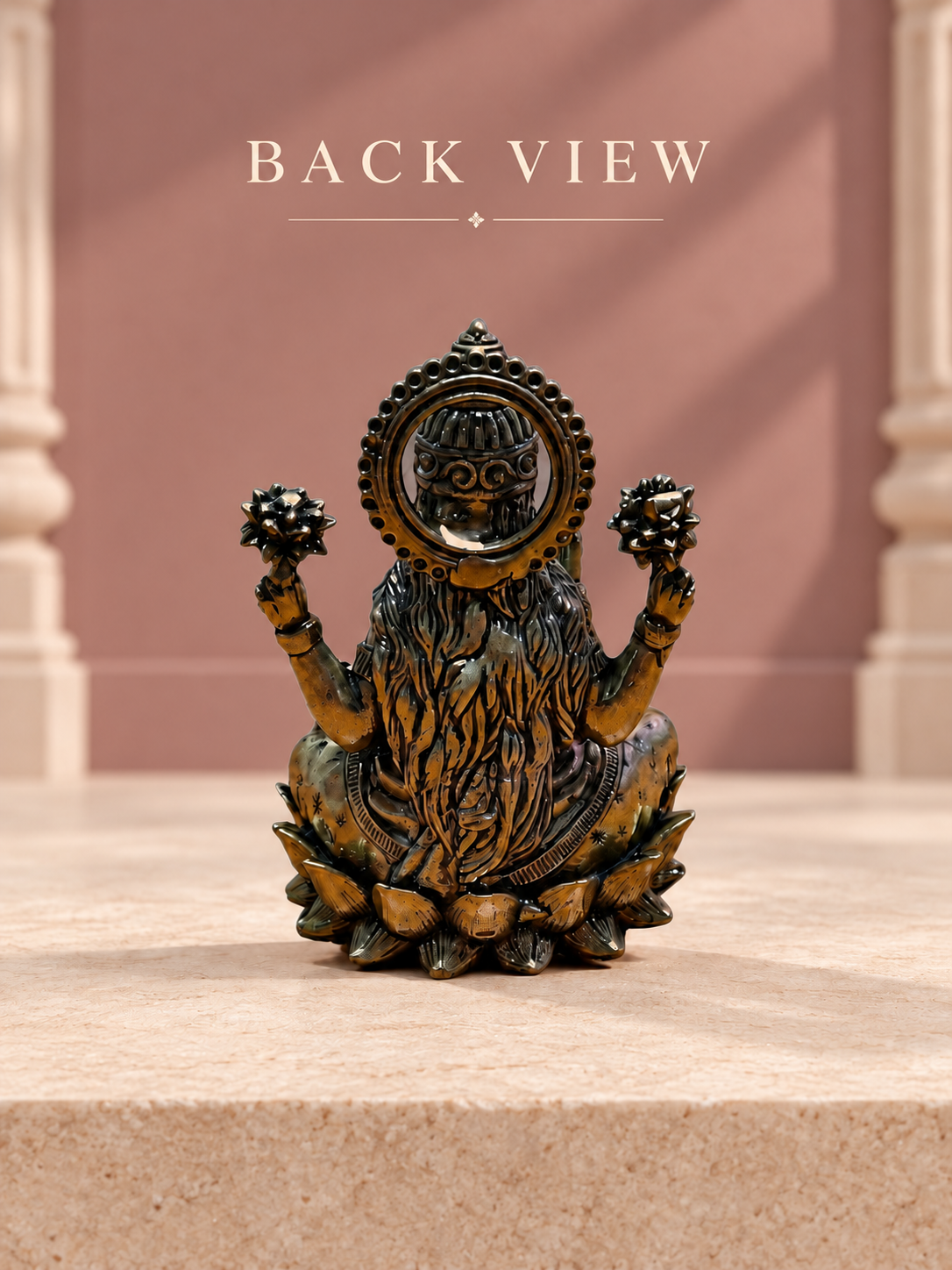 Goddess Lakshmi Brass Idol On Lotus — Back View