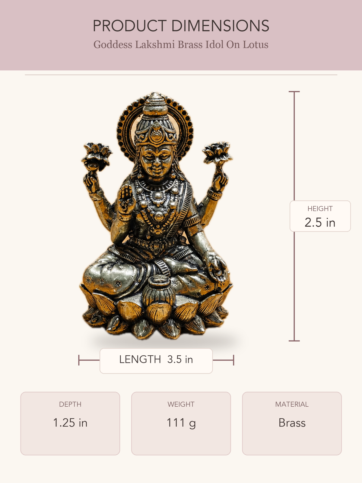 Goddess Lakshmi Brass Idol On Lotus — clear product dimensions and specifications