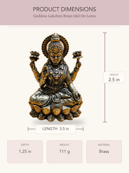 Goddess Lakshmi Brass Idol On Lotus — clear product dimensions and specifications