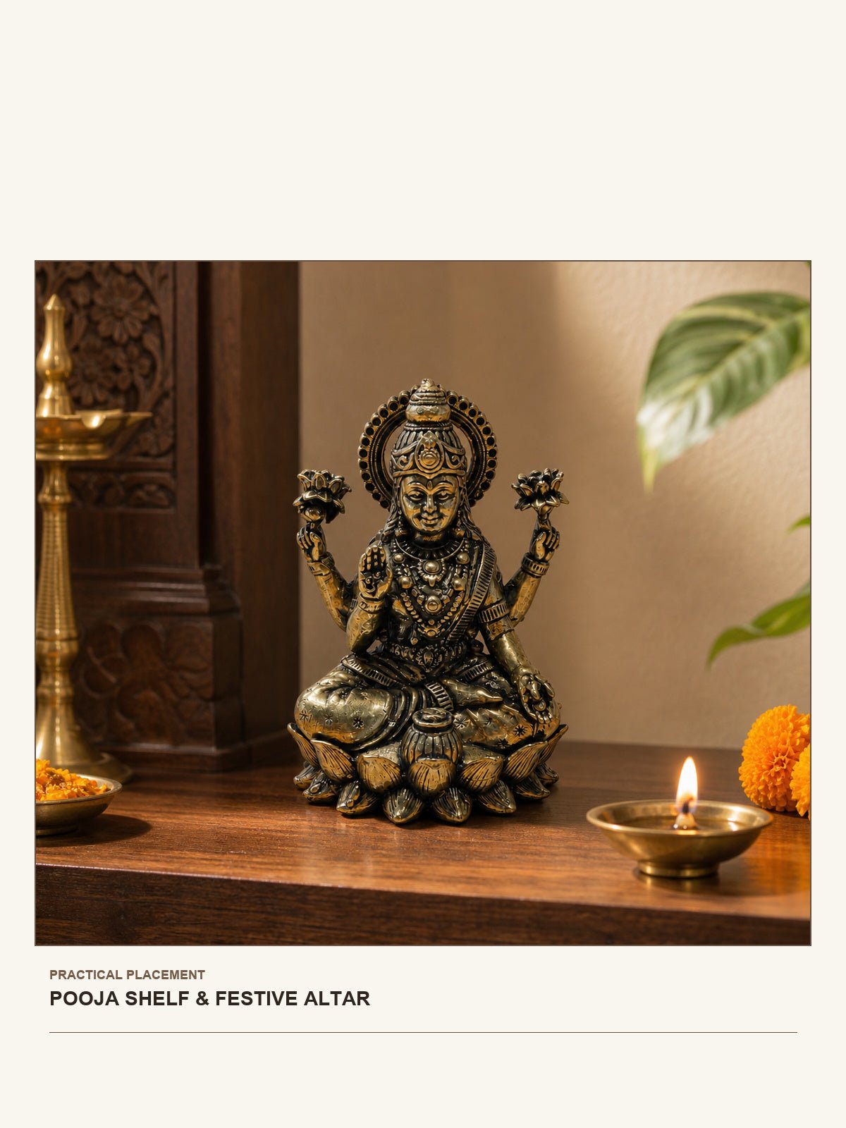 Goddess Lakshmi Brass Idol on Lotus shown in a practical pooja shelf or festive altar setting