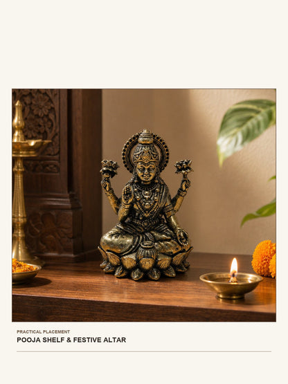 Goddess Lakshmi Brass Idol on Lotus shown in a practical pooja shelf or festive altar setting