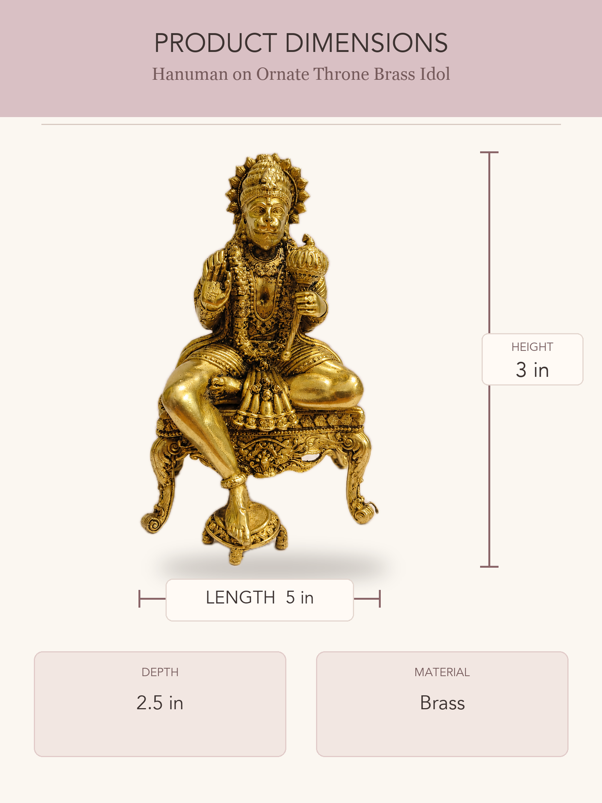 Hanuman on Ornate Throne Brass Idol — clear product dimensions and specifications