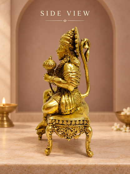 Hanuman on Ornate Throne Brass Idol — Side View