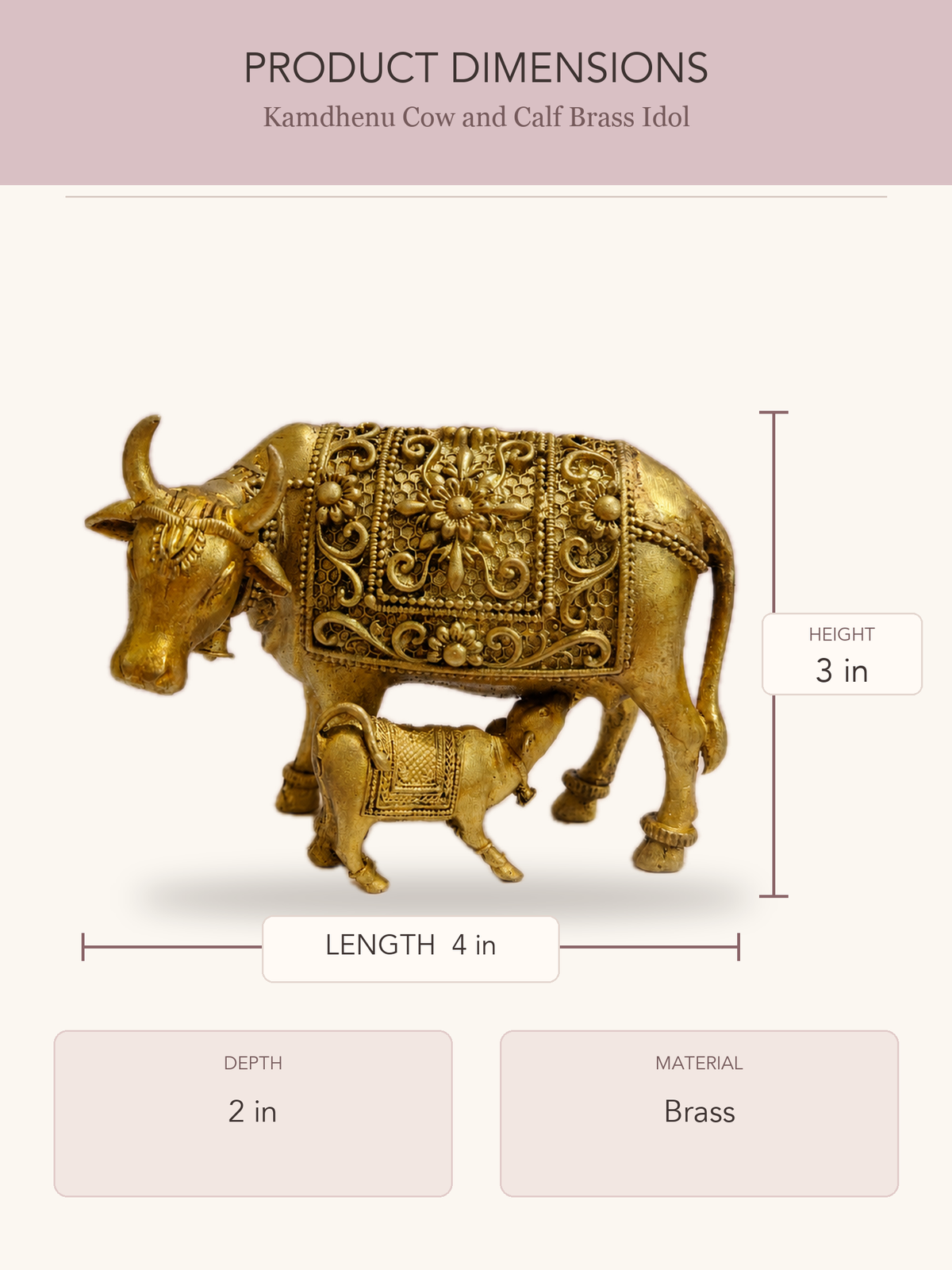 Kamdhenu Cow and Calf Brass Idol — clear product dimensions and specifications